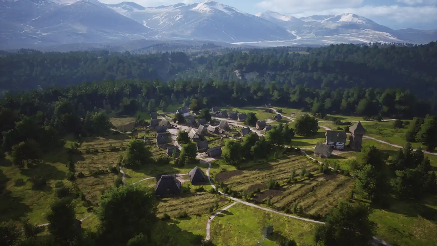 A Manor Lords village seen from above